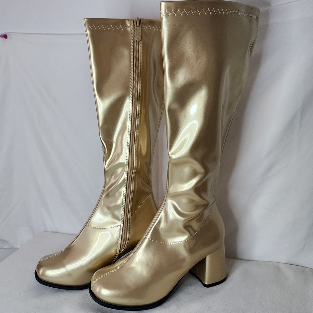 Ellie Shoes Gold Metallic Gogo Boots 3 Inch Block Heel Square Toe Womens Size 8 - Picture 3 of 8